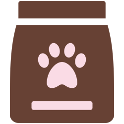 Icon of a brown pet food bag with a pink paw print.