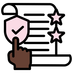 Illustration of a hand pointing to a shield with a checkmark and stars.